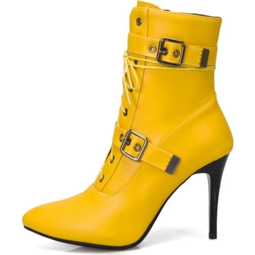 Fashion Ankle Boots For Women Hot 2021 Sexy Womens Ankle Boots Pointed Toe Buckle Thin High Heel Lace Up Short Shoes Large Size