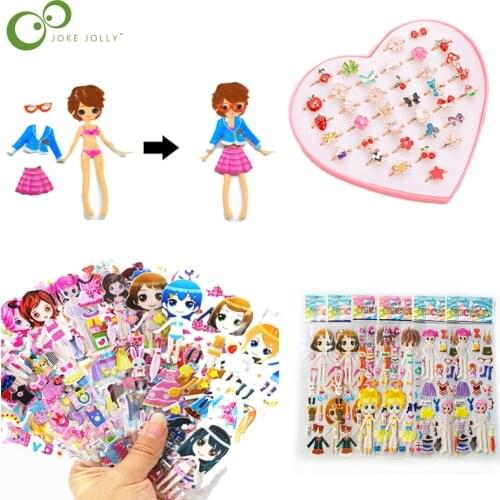 Cartoon Dress up Stickers 3D Stickers Fashion Brand Kids Children Cute Adjustable Rings Children Girls Pretend Makeup Toys WYW