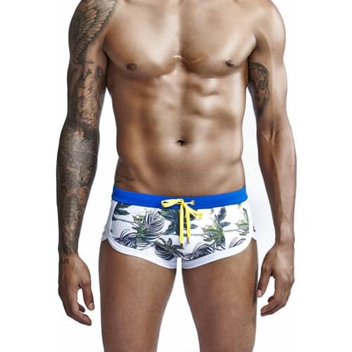 Leaf Printed Men Swimwear Beach Shorts Swim Trunks Soft Swimsuit Boxer Briefs Summer String Casual Surf Sports Underwear