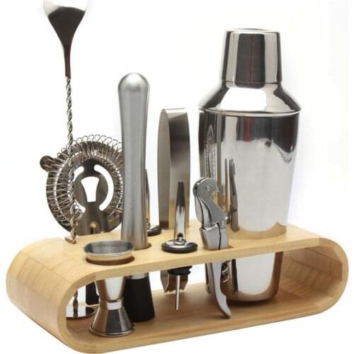 10pcs Cocktail Shaker Set Stainless Steel Wine Mixer Liquor Red Wine Cocktail Shaker Bartender Tool Set Oval Wooden Stand Base