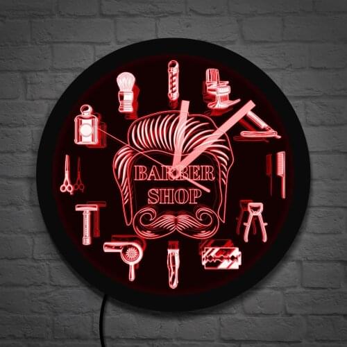 Barber Shop LED Business Sign Hairstylist Barber Tools LED Neon Effect Wall Clock Color Changes Modern Design Wall Lighted Watch