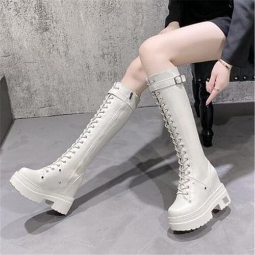 Autumn Women Knee High Boots Wedges Heels 10 CM Platform Lace Up Long Booties Female Fashion Leather Sneakers Motorcycle Boots