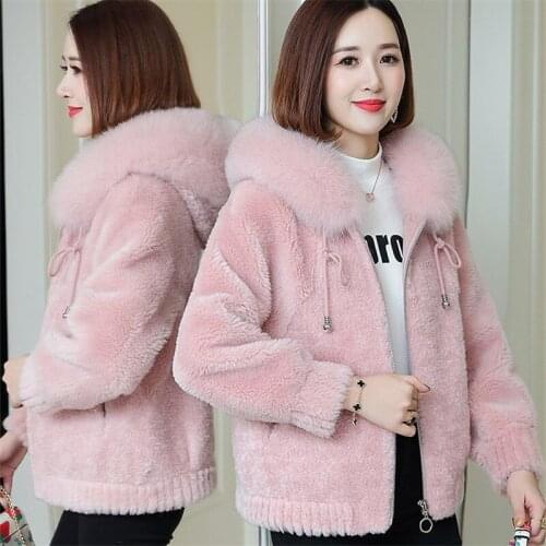 Autumn Winter Sheep Shearling Jacket Women Long Sleeve Double Breasted Short Faux Fox Hooded Warm Fur Coat Ladies Overcoat A491