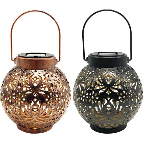 Hanging Solar Lanterns Retro Hollow Solar Lights with Handle Outdoor Solar Garden Lights Decor for Yard Tree Fence Patio Bronze