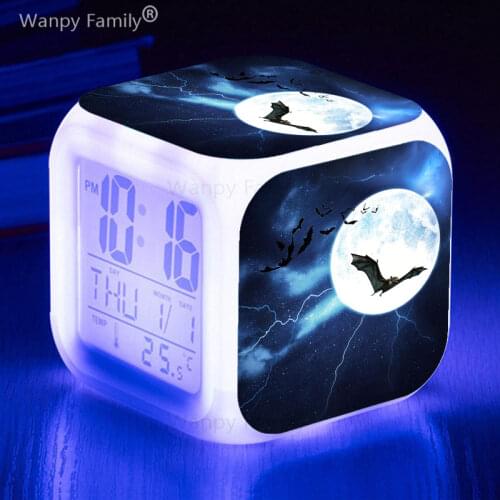 Dark Angel Bat LED Alarm Clock Big Screen Digital Clock Kids Birthday Gift 7 Color Glowing Multifunction Desktop Alarm Clock