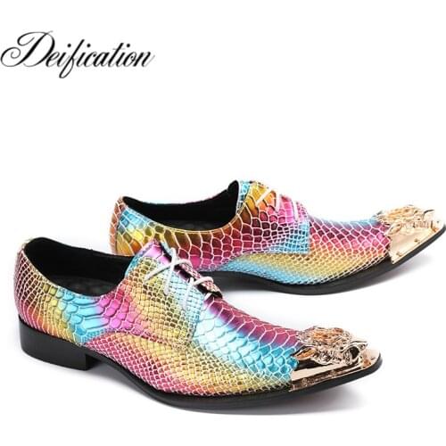 Deification Snake Python Flats Mixed Colors Print Mens Lace Up Formal Dress Shoes Metal Toe Man Office Party Dress Wedding Shoes