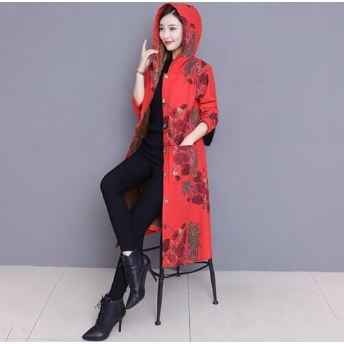 Windbreaker Lady Clothes Ethnic Print Literary Overcoat Womens Cotton Linen Plus Velvet Trench Coat Female Autumn Hooded Thick