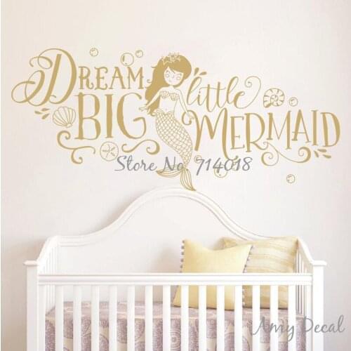 Dream Big Little Mermaid Wall Sticker Girls Nursery Decor Cute Mermaid Quote Wall Stickers Kids Room Decoration Vinyl Mural A868