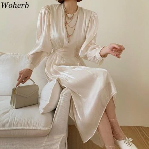 Woherb 2021 Korean Irregular Solid O-neck Femme Robe Slim Waist Elegant Women Dress Spring Chic Vintage Loose Vestidos De Mujer
