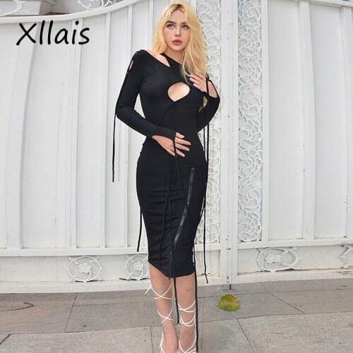 XLLAIS 2021 Fall Long Sleeve Midi Dress Black Cotton Cut Out Robe Sexy Women Tassel Split Streetwear Catwalk Style