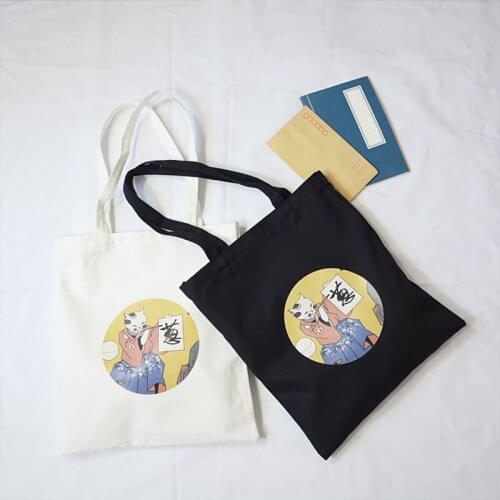 10PCS / LOT Women Shopping Bag Eco Simple Casual Cute Cat Printing Tote Pouch Folding Cartoon High Capacity Shoulder Bag