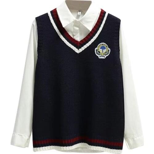 Women Sweater Vest Autumn 2020 Korean JK Embroidery College Style V Neck Sleeveless Pullover Knitted Vest Woman Sweaters Tops