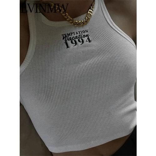 LVINMW Crew Neck Letter Embroidery Casual Basic Tank Tops Sleeveless Ribbing Slim Stretchy Women Crop Top Sports Daily Chic Vest
