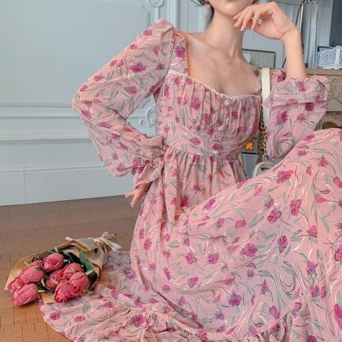 Women Long Sleeve High Waist Buttons Dresses Floral Printed Long Dress Female Square Collar Vestido