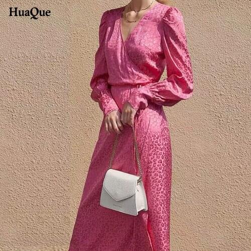 Woman dress party elegant long skirt feminine V-neck wrap lace dress lantern sleeve A-line long skirt neon satin leopard dress