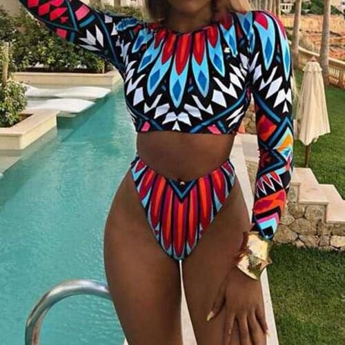 2021 Long Sleeve Swimsuit Print Bikini Bathing Suit Women Biquini High Neck Two-Piece Suits Swimwear Femlae Bikinis