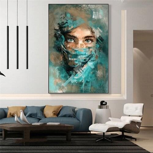 Abstract Woman Portrait with Green Veil Canvas Wall Art Posters and Prints Pictures Room Living Room Decoration Wall Art Canvas