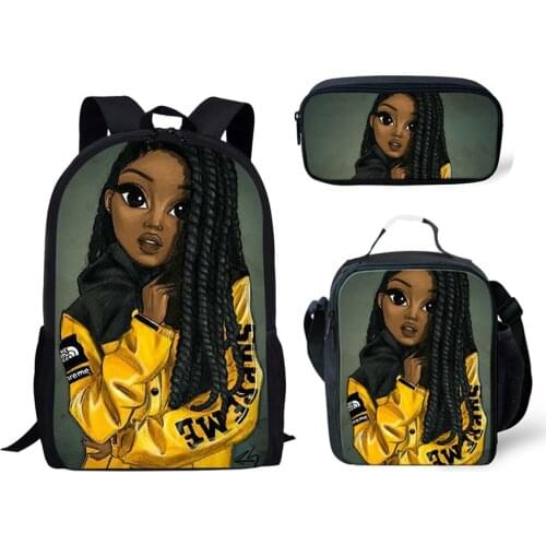 Art Black Girls Print School Bags Set Bookbags for Teenage Boys 3pcs/set Primary Backpack with Lunch Box Pencil Bags