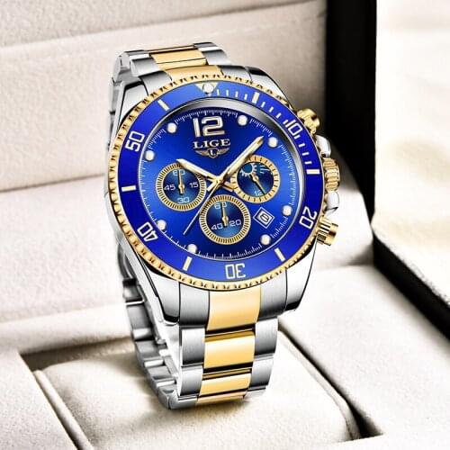 Men Watches LIGE Top Brand Luxury Stainless Steel Waterproof Quartz Watch Men Fashion Sport Blue Chronograph Relogio Masculino
