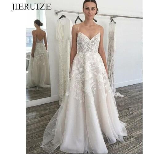 JIERUIZE White Lace Appliques Simple Wedding Dresses v-neck spaghetti straps Bride Dresses Wedding Gowns