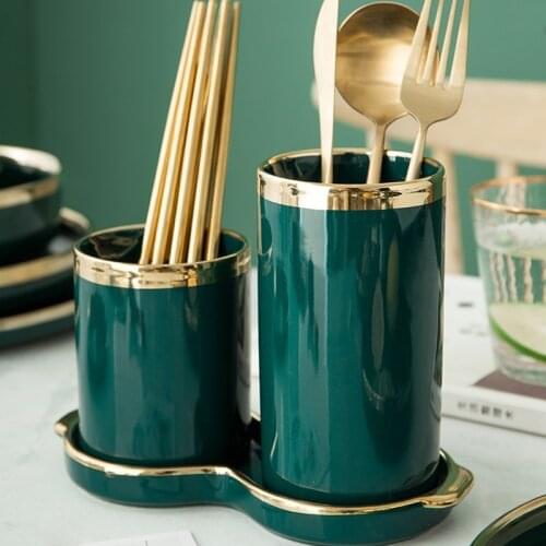 Nordic Art Luxury Ceramic Emerald Chopsticks Tube Female Tray Household Double-layer Drain Chopstick Holder Tableware Storagejar