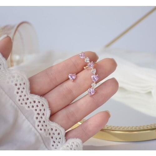 14k Real Gold New Asymmetrical Inlaid Pink Love CZ Zircon Shiny Personality Ear Bone Clip Temperament All Match Female Jewelry