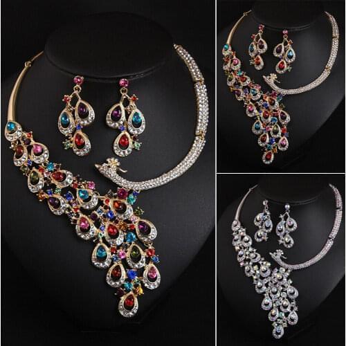 Bridal Wedding Colorful Crystal Rhinestone Necklace Earrings Jewelry Set Statement Women Party Banquet Bib Choker Collar Fashion