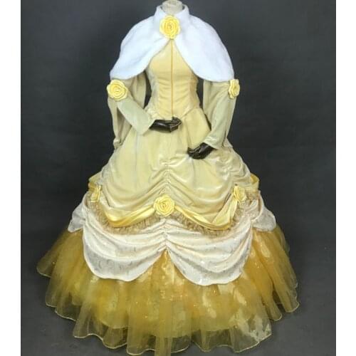 Beautiful Girl And Beast Belle Cosplay Costume Adult Women Winter Party Princess Dress Halloween Christmas Ball Gown