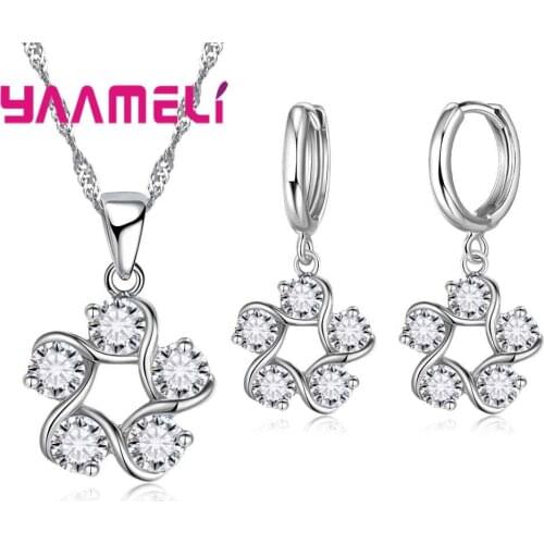 Buautiful Flowers 925 Sterling Silver Shining Cubic Zirconia Necklace Pendant Earrings Crystal Sets For Women Ladies
