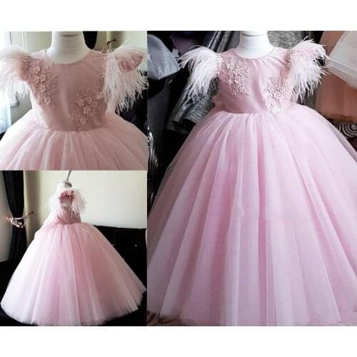 Cap Fea ther Sleeve Pink Flower Girls Dreses Ball Gowns Pink Girls First Communion Dresses Children Birthday Party Dress Custom