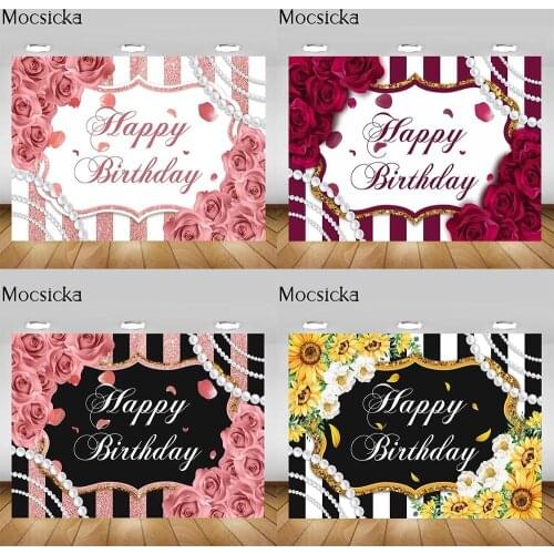 Mocsicka Woman Girl Happy Birthday Party Photo Background Decoration Rose Pearl Sunflower Stripe Photography Backdrops Photozone