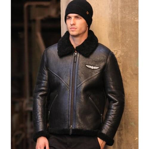 Winter Natural Sheepskin Fur Clothing Men Black Turn Down Collar Real Sheep Leather Jacket