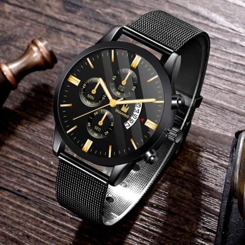 2019 New Men Sport Watches Black Mesh Band Stainless Steel Quartz Watches Luxury Date Man Wristwatch Relogio Masculino Watch