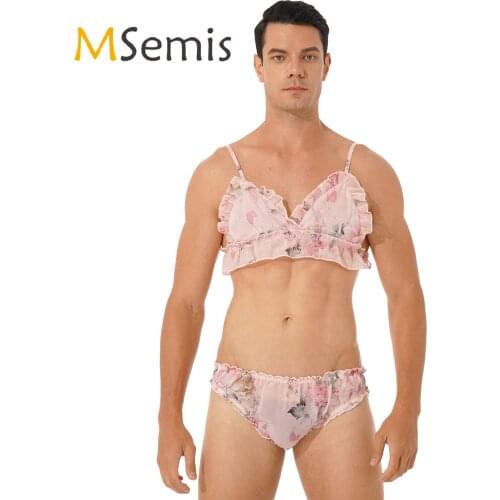 Mens Two-piece Lingerie Set Flower/Strawberry Printing Ruffled Sissy Crossdress Nightwear Adjustable Straps Bra Tops with Briefs