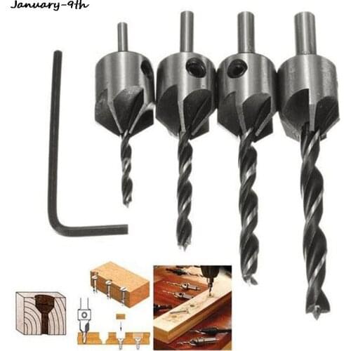 4pcs Wood Countersink Drill Set HCS 5 Flute Drill Bit Carpentry Reamer Woodworking Chamfer End Milling Wood Tool 3mm-6mm