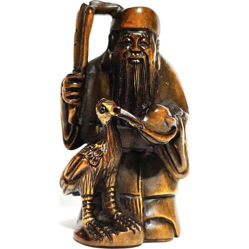 Y6312 - 2'' Hand Carved Boxwood Netsuke: Immortal and Crane Bird