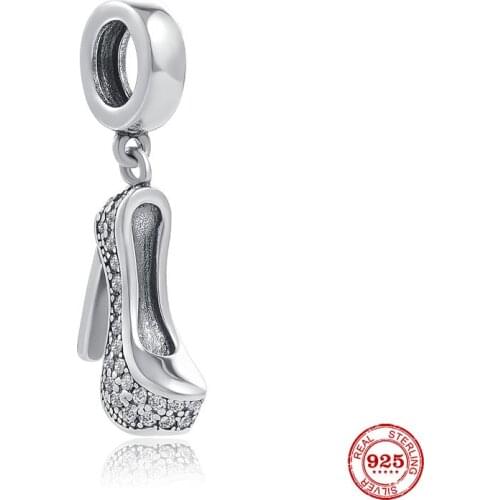 New Original Silver Color High-heel Shoe With White Pave Bead Fit European Pandora Charms Bracelet Bangles Diy Jewelry P479