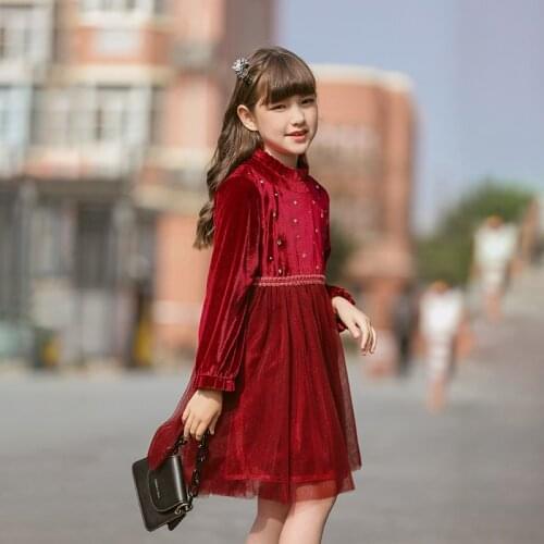 2021 Winter Spring Velvet Dress For Girls Long Sleeve Mesh Loose Hem Mid Long Gowns Kids Birthday Party Dresses Children Clothes