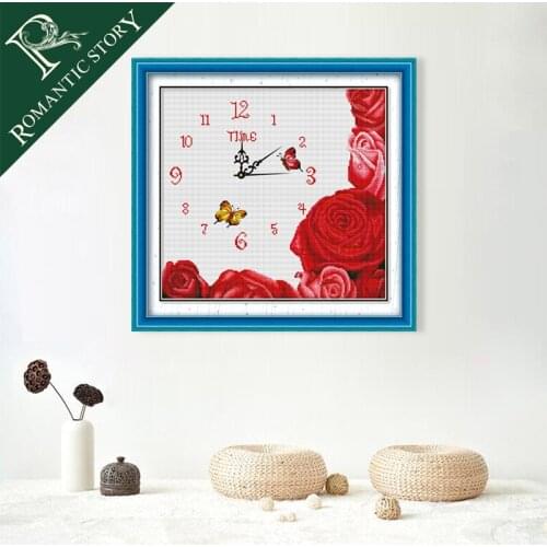 Romantic Story Clock butterflies and Roses Cross Stitch Needlework DIY 11CT Printing Cross Stitch Sets For Embroidery Kits 0015