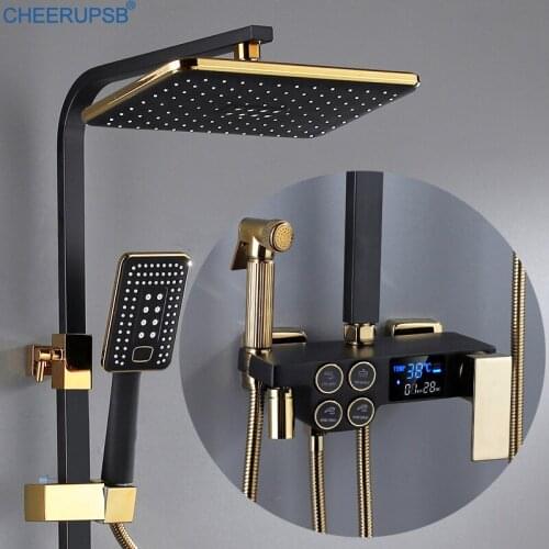 Hot Cold Mixer Shower System Bathroom Thermostatic LED Digital Shower Set Wall Mount SPA Rainfall Bath Faucet Square Head Grifos