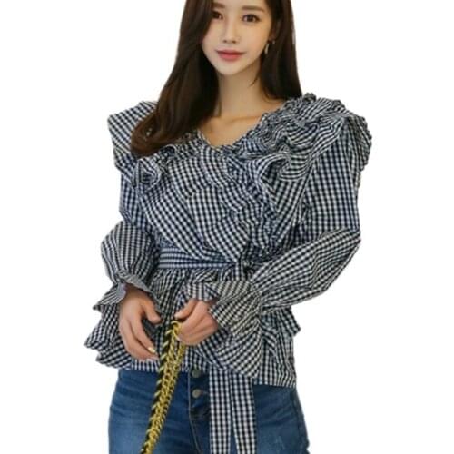 Spring Women Ruffles Blouses Korean Fashion Ruffles Shirts Women Plaid Blouses Tops Mujer
