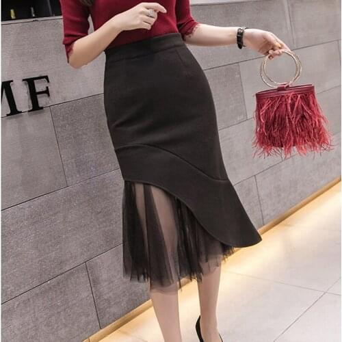 Fashion Medium Long Skirts For Women 2018 Spring Summer Elastic Waist Solid Elegant Package hip Skirts Female Black Skirt