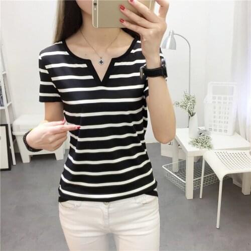 Summer Polyester Womens T-Shirt V-Neck Short Sleeve Pullover Striped White Black Loose Korean Style Fashion Office Lady T-Shirt