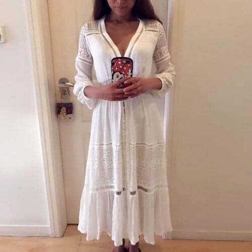 GypsyLady Summer Dress V-neck White cotton boho Dress lace inserted buttons midi women dress 3/4 sleeve casual dress female