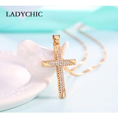 LADYCHIC Gold Color Cross Charm Pendant Necklace with Austrian Zircon Crystals Men & Women Christ Jesus Cross Necklaces LN1109