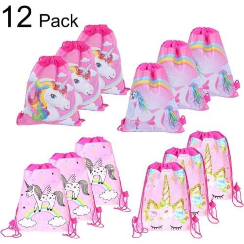 12pcs/lot Pink Unicorn drawstring pocket/bag unicorn print backpack open student day party supplies Draw pocket/bag kids gift