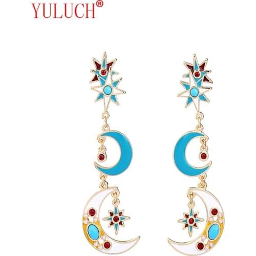 2018 Simple ladies earrings fashion temperament jewelry stars moon pendant color enamel pendant gift party