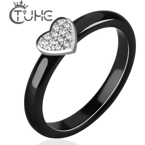 3mm Heart Ceramic Rings For Women White Crystal Lovely Heart Black Rings With CZ Rhinestone Mother Gift Fashion Jewelry