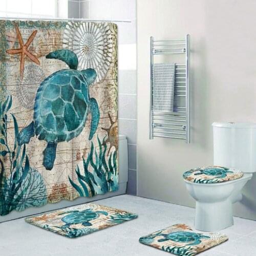 4 Pcs Marine Life 3D Shower Curtain Waterproof Polyester Bathroom Curtain Anti-slip Bath Mats Set Toilet Rugs Carpet Home Decor