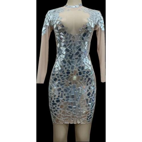 Sparkly Silver Mirrors Mesh Perspective Dress Women Sexy Backless Party Night Celebrity Birthday Dresses Singer Dance Costume
